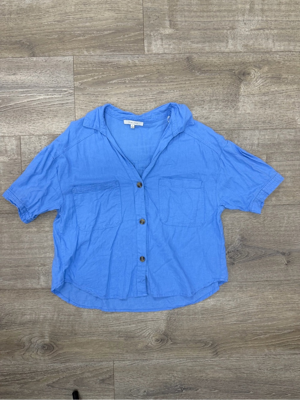 Love Tree Short-Sleeve Button Down Top in Bright Blue